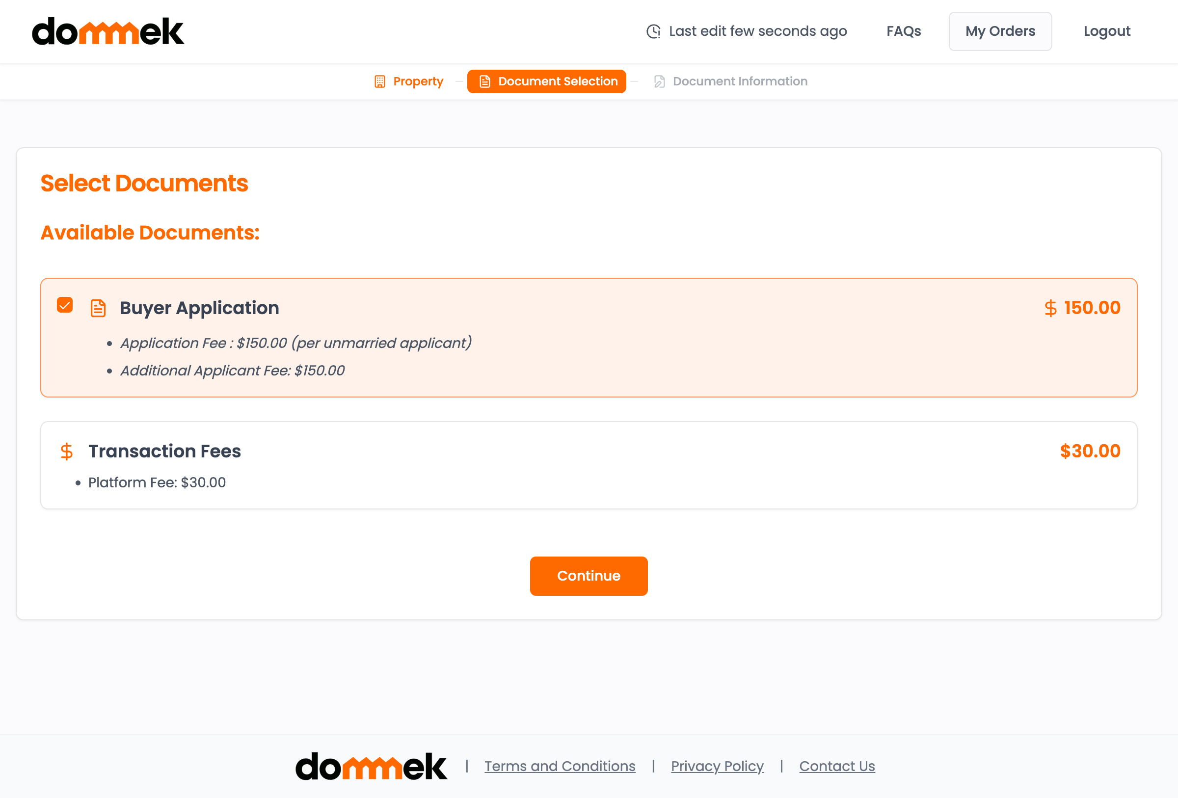 Dommek document selection: required HOA application documents with pricing shown upfront