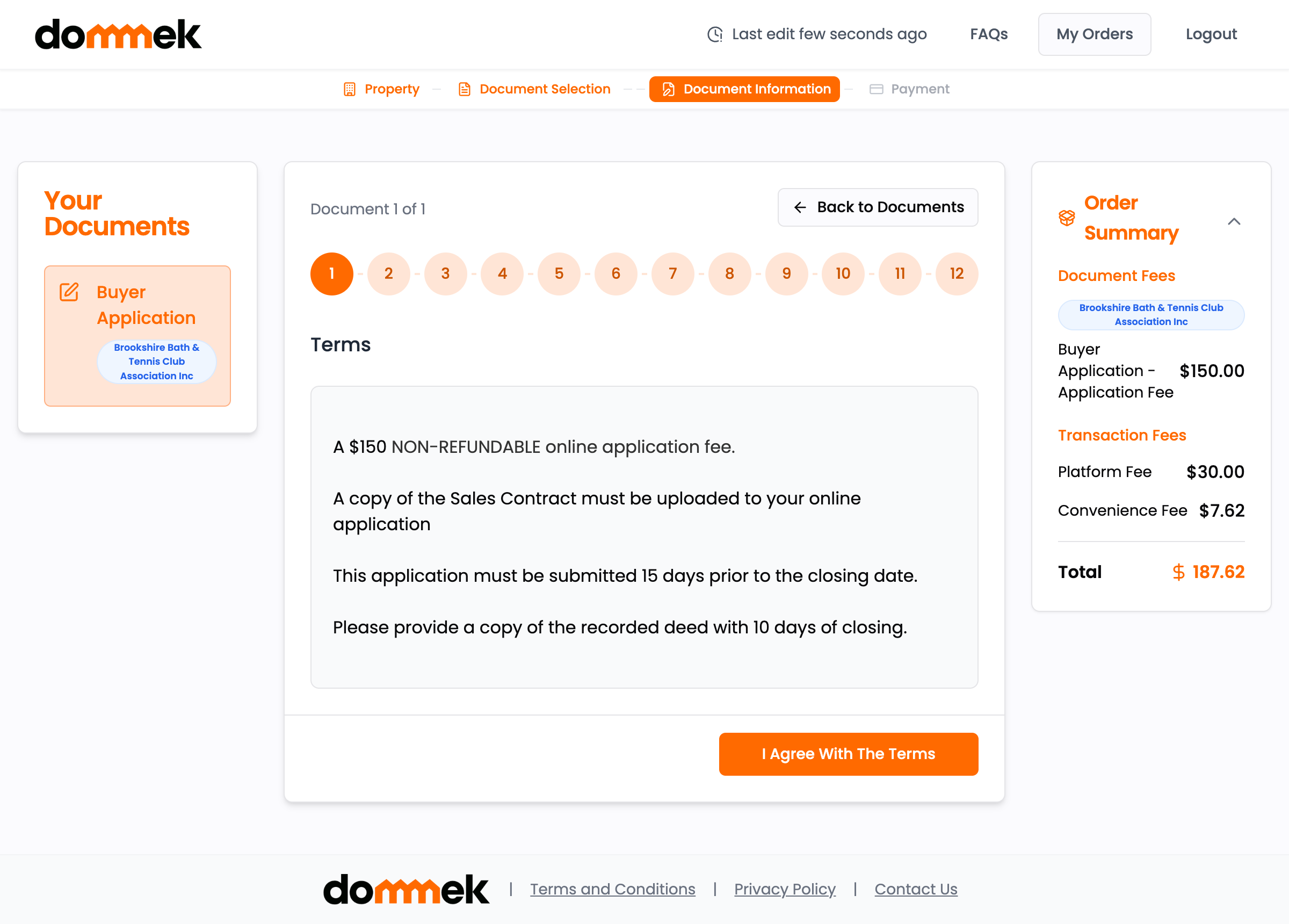 Dommek guided HOA application form with saved progress and electronic signature