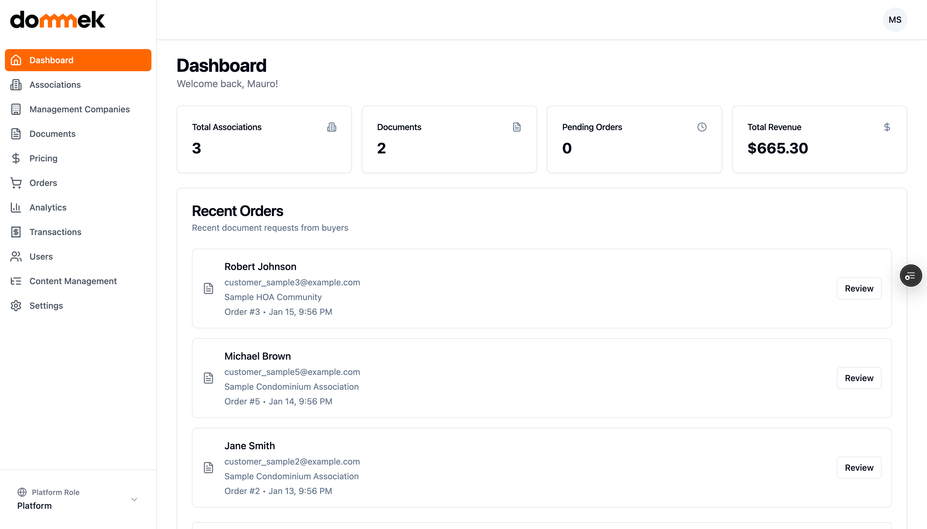 Dommek management company dashboard showing associations, applications and payments